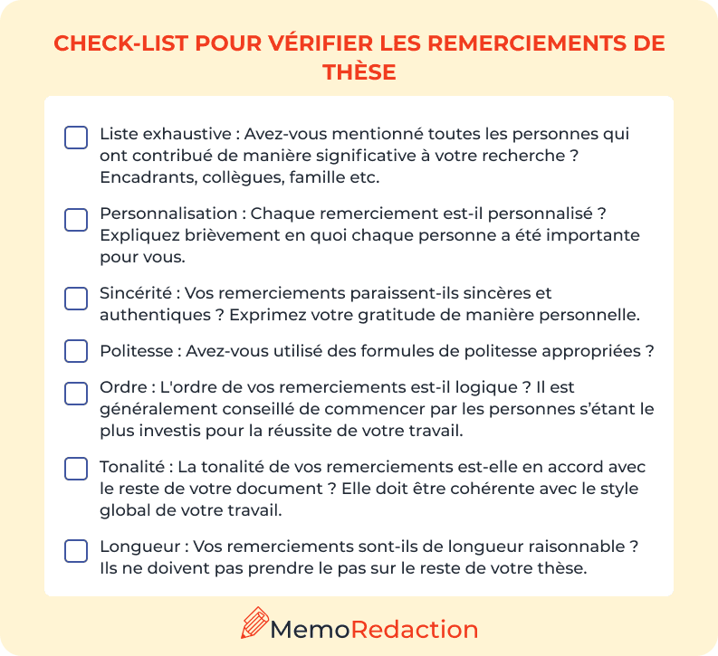 Check-list pour vérifier les remerciements